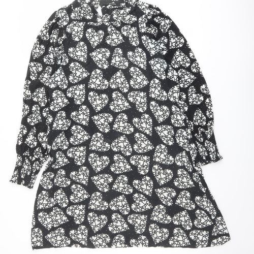 NEXT Womens Black Geometric Viscose A-Line Size 8 Mock Neck Button - Heart Print