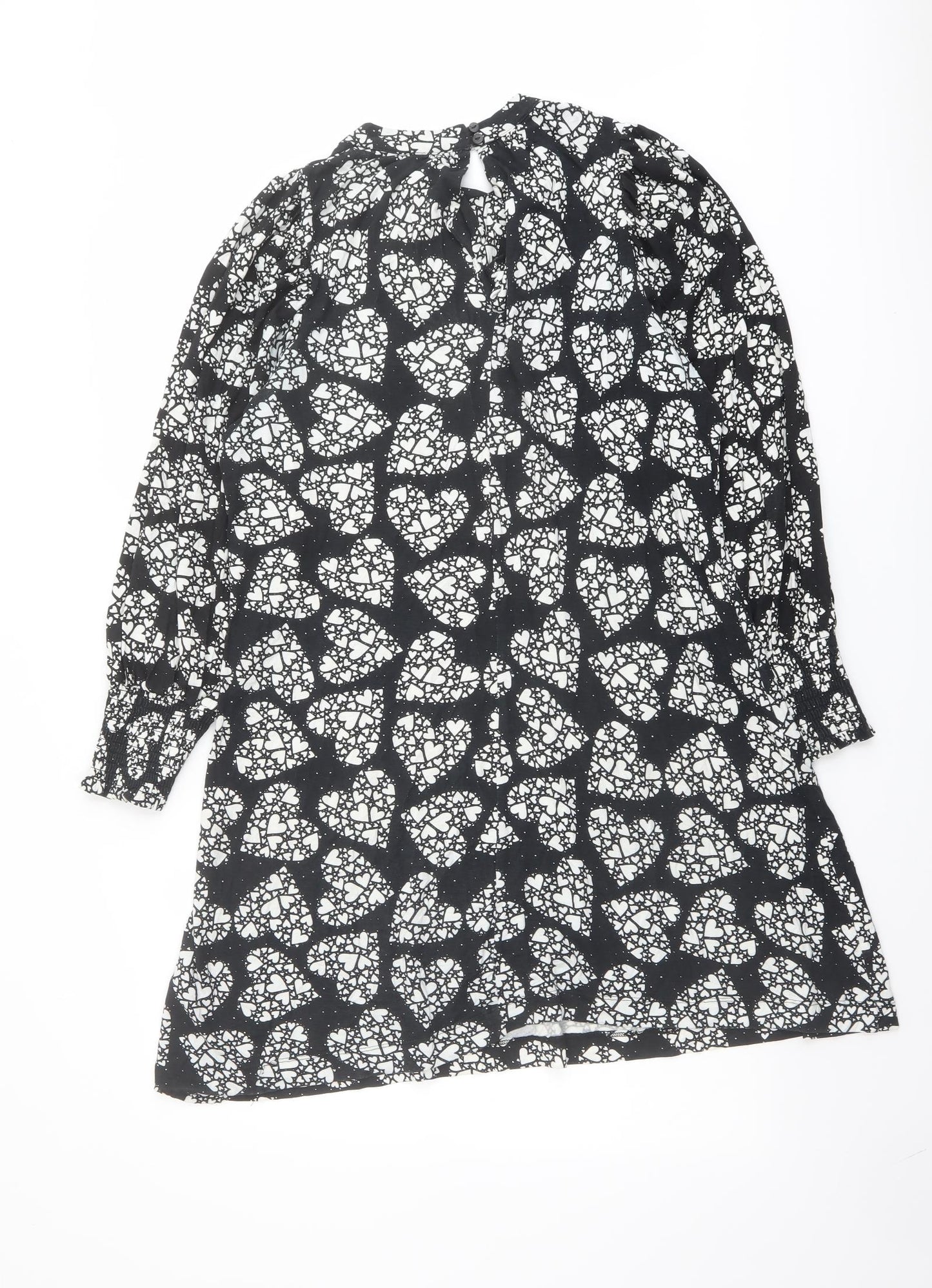 NEXT Womens Black Geometric Viscose A-Line Size 8 Mock Neck Button - Heart Print