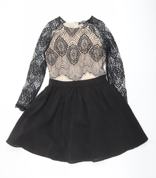 Front view of Missguided women’s black polyester a-line, size UK 10, round neck zip - lace details