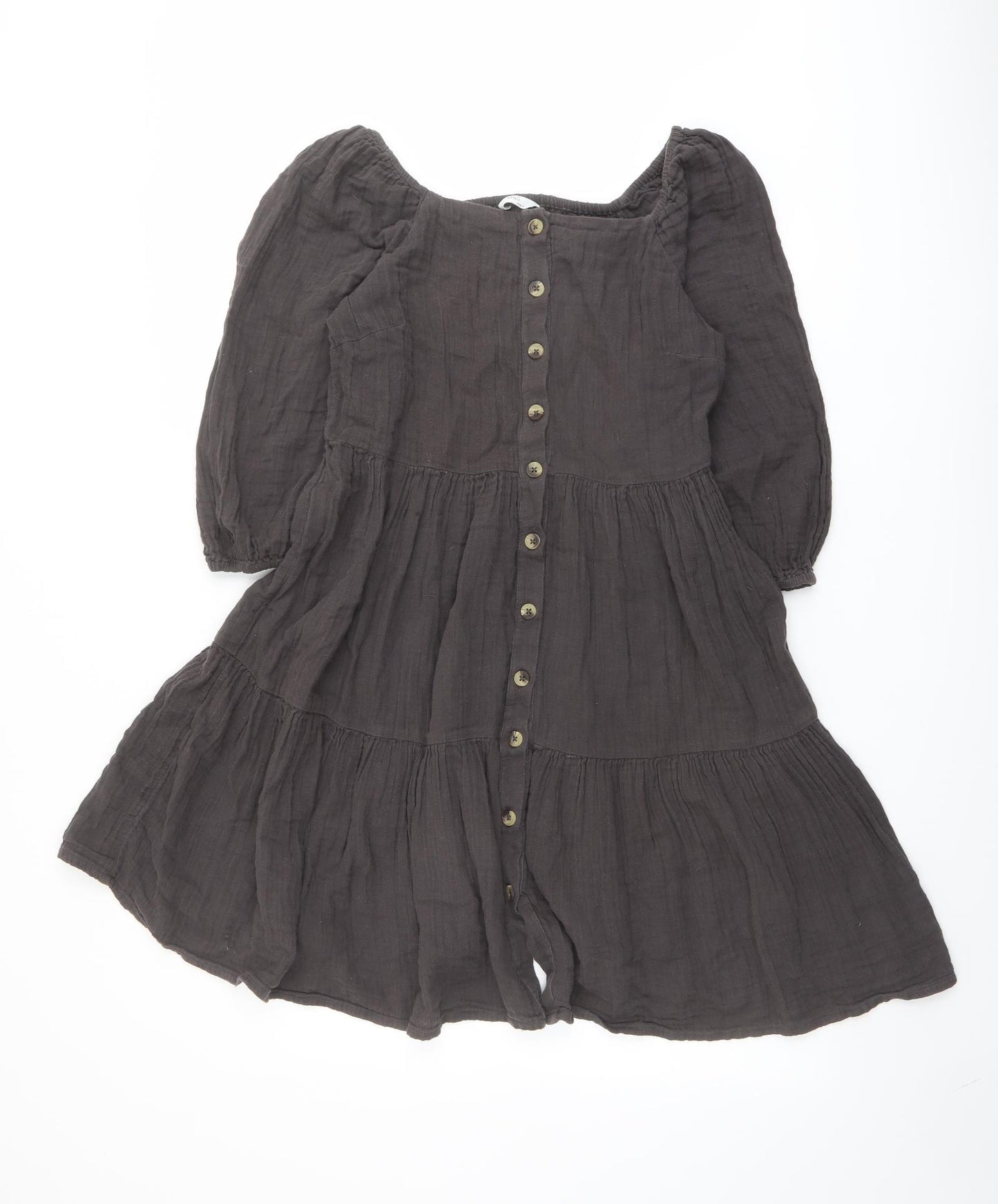 Marks and Spencer Girls Brown Cotton A-Line Size 13-14 Years Square Neck Button