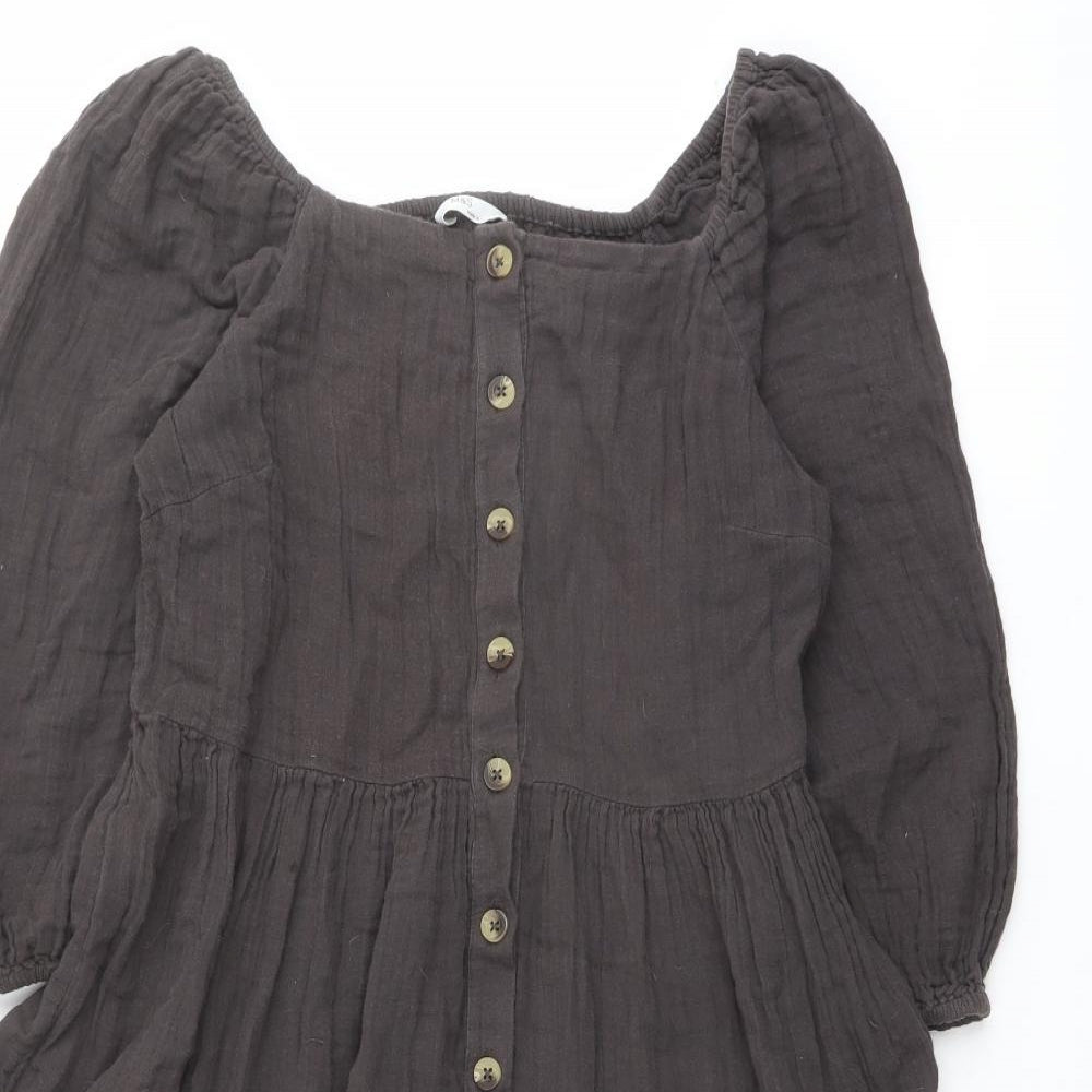 Marks and Spencer Girls Brown Cotton A-Line Size 13-14 Years Square Neck Button