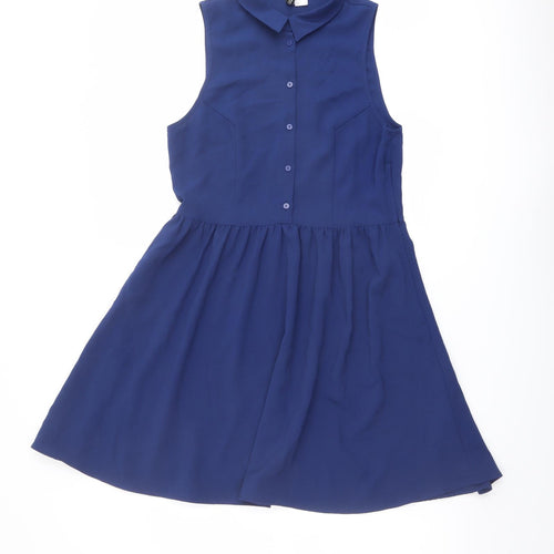 H&M Womens Blue Polyester Shirt Dress Size 10 Collared Button