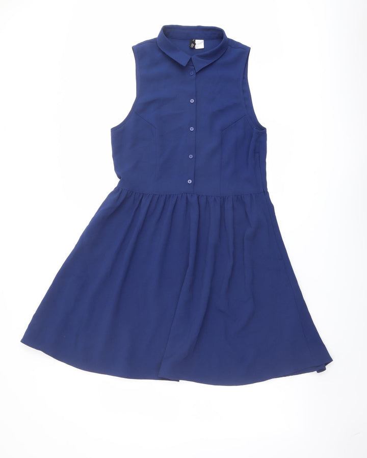 H&M Womens Blue Polyester Shirt Dress Size 10 Collared Button