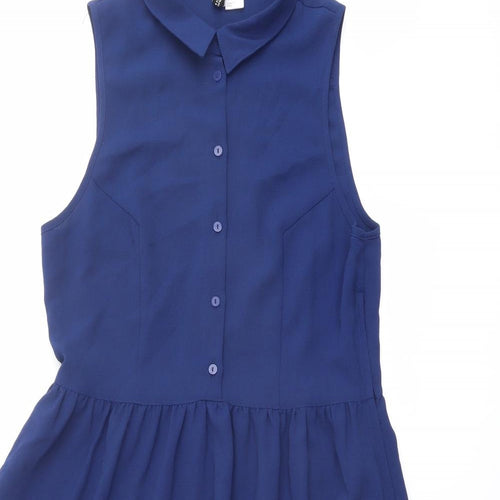 H&M Womens Blue Polyester Shirt Dress Size 10 Collared Button