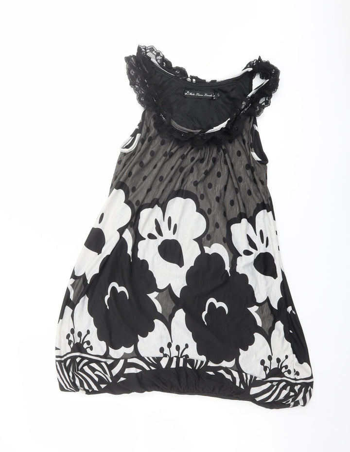 Mela London Womens Black Floral Polyester Basic Tank Size S Boat Neck - Lace Trim