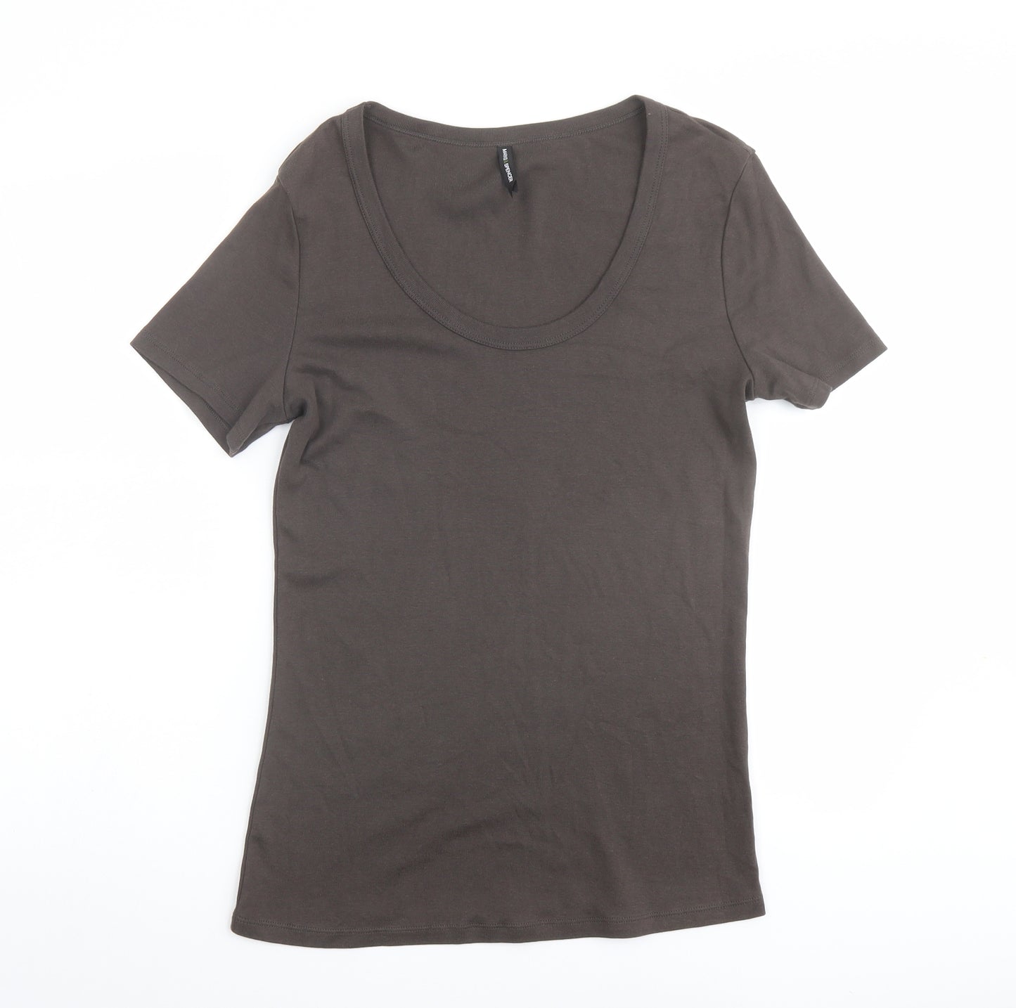 Marks and Spencer Womens Brown 100% Cotton Basic T-Shirt Size 14 Scoop Neck