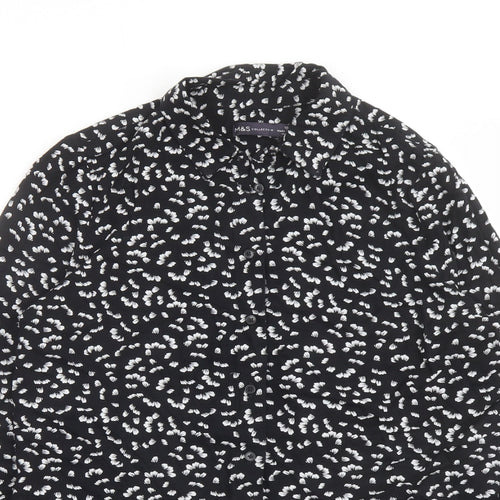 Marks and Spencer Womens Black Geometric Viscose Basic Button-Up Size 10 Collared