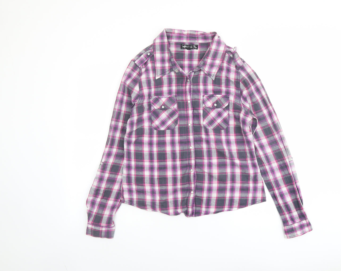 Internacionale Womens Purple Plaid Cotton Basic Button-Up Size 14 Collared