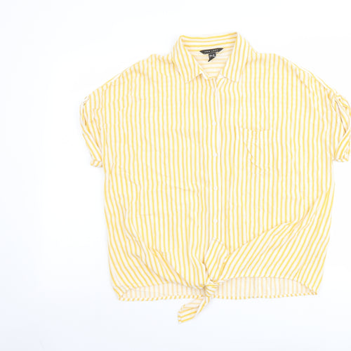 New Look Womens Yellow Striped Viscose Basic Button-Up Size 10 Collared - Tie Front Detail