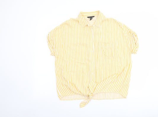 Front view of New Look women’s yellow striped viscose basic button-up, size UK 10, collared - tie front detail