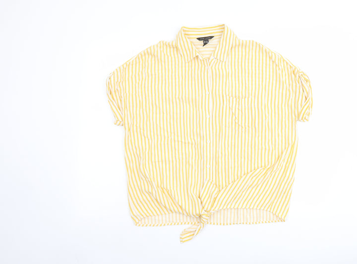 New Look Womens Yellow Striped Viscose Basic Button-Up Size 10 Collared - Tie Front Detail