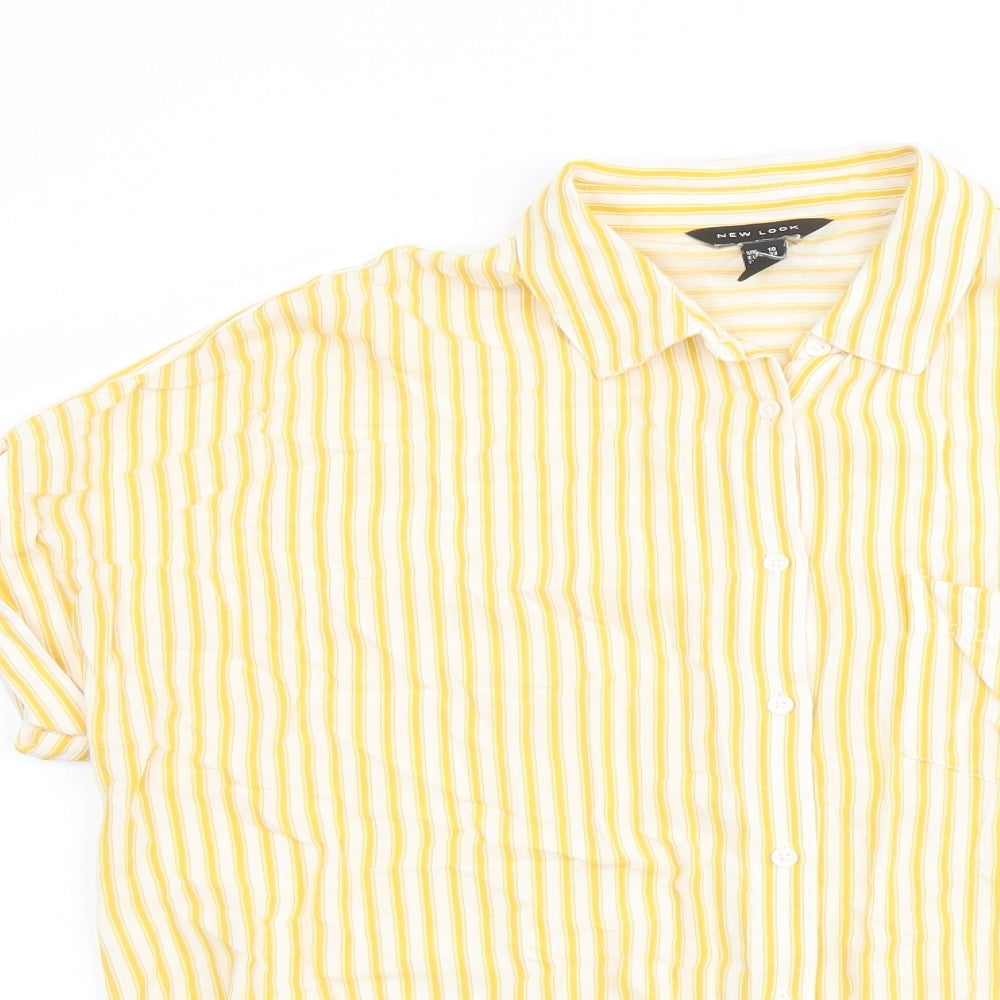 New Look Womens Yellow Striped Viscose Basic Button-Up Size 10 Collared - Tie Front Detail