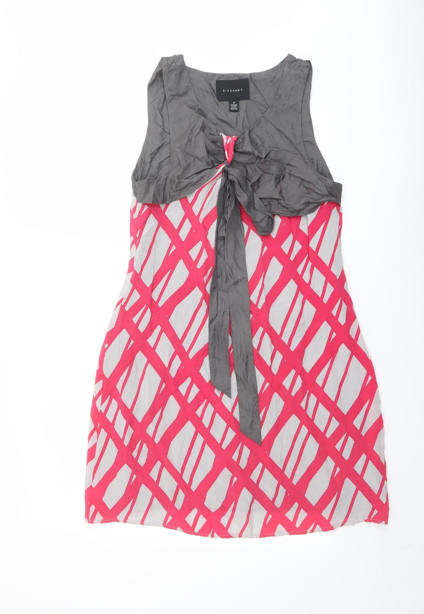 Ricochet Womens Grey Geometric Silk A-Line Size 8 Scoop Neck Pullover