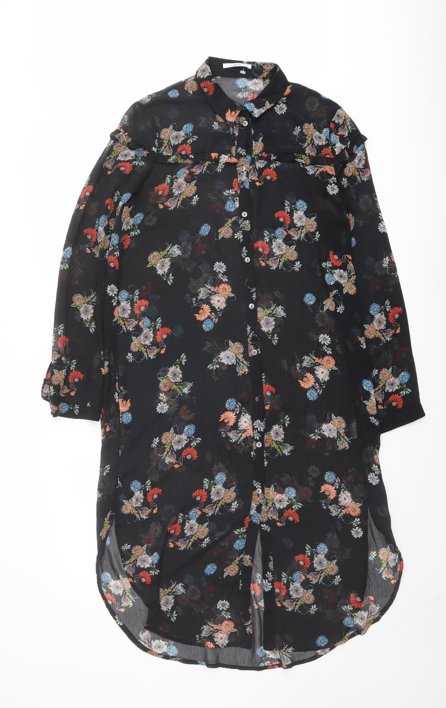 EDC Womens Black Floral Polyester Shirt Dress Size S Collared Button