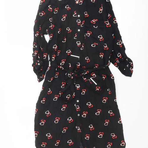 Dorothy Perkins Womens Black Geometric Polyester Shirt Dress Size 8 Collared Button - Heart Print