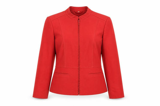 Front view of EWM women’s red jacket, size UK 14, zip
