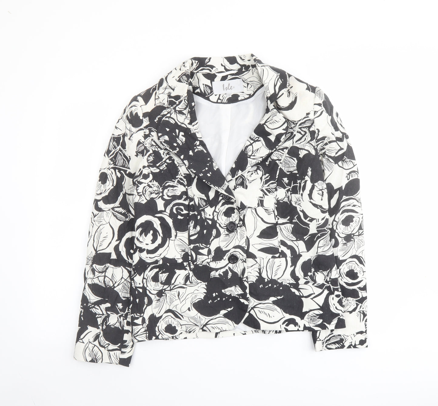 Isle Womens Black Floral Jacket Blazer Size 10 Button