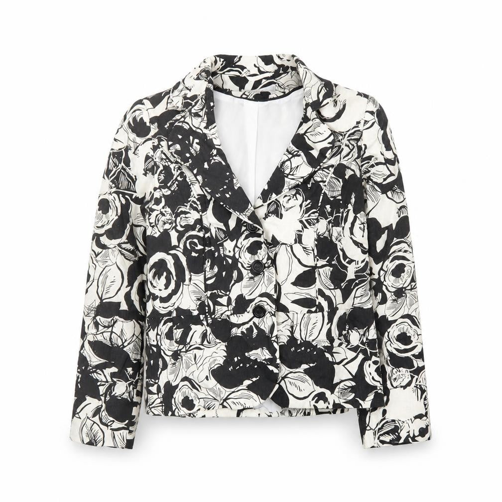 Front view of Isle women’s black floral jacket blazer, size UK 10, button