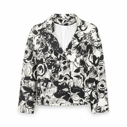 Front view of Isle women’s black floral jacket blazer, size UK 10, button