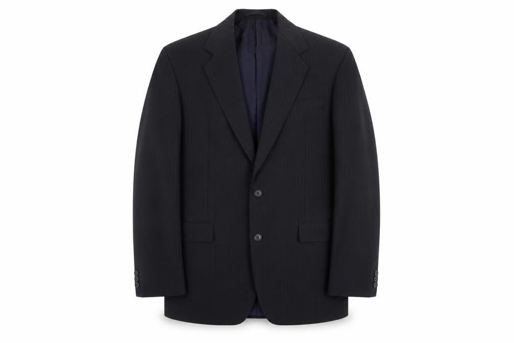 Front view of Marks & Spencer men’s blue striped polyester jacket suit jacket, size 40, regular