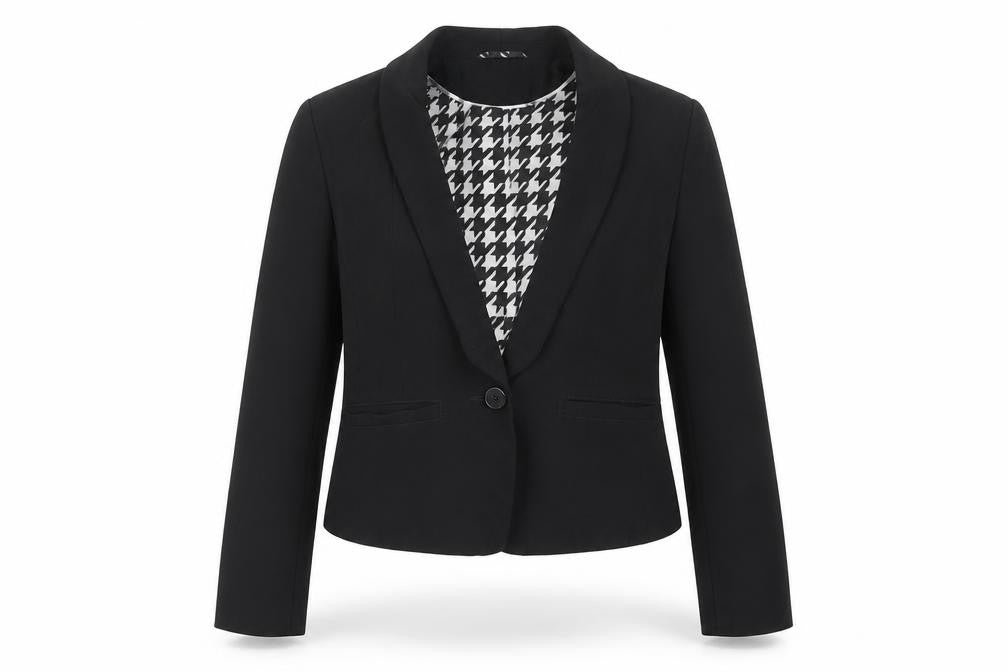 Front view of Marks & Spencer women’s black jacket blazer, size UK 10, button