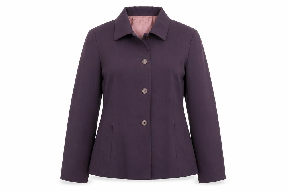 Front view of Lakeland women’s purple jacket blazer, size UK 14, button