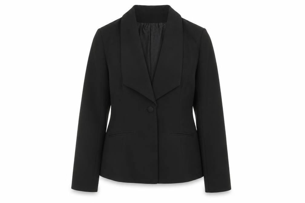 Front view of 4th & Reckless women’s black polyester jacket blazer, size UK 14