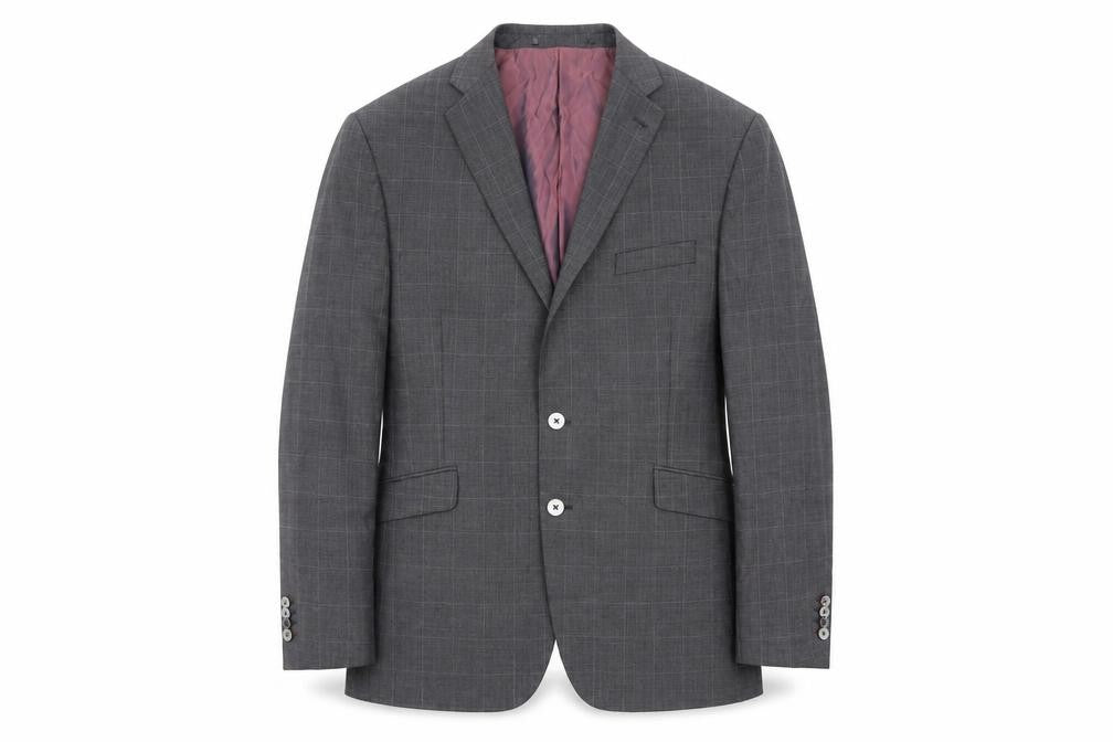 Front view of Norton Towndend men’s grey check polyester jacket suit jacket, size 46, regular