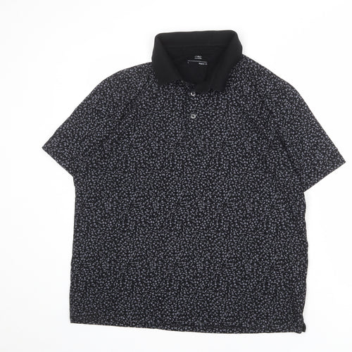 Marks and Spencer Mens Black Floral 100% Cotton Polo Size L Collared Button