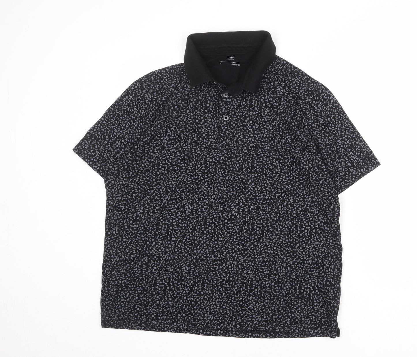 Marks and Spencer Mens Black Floral 100% Cotton Polo Size L Collared Button