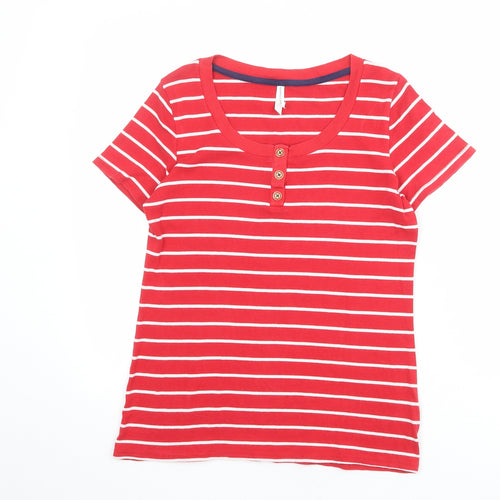 Marks and Spencer Womens Red Striped 100% Cotton Basic T-Shirt Size 14 Henley