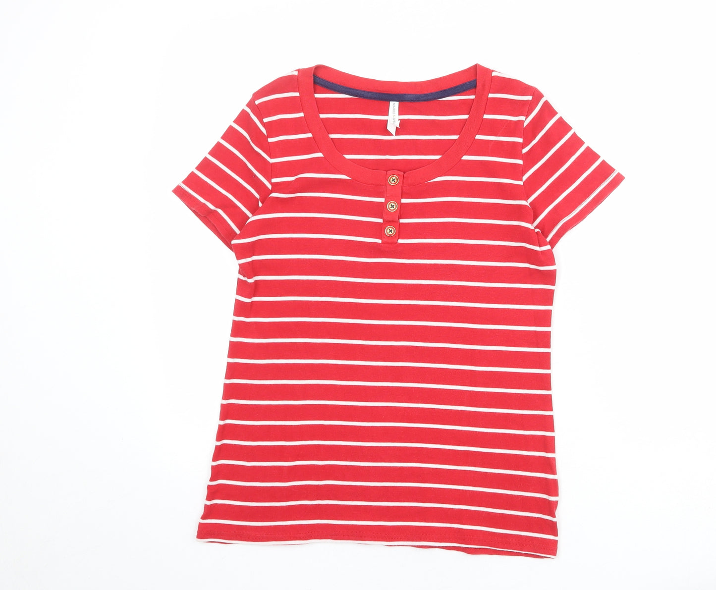 Marks and Spencer Womens Red Striped 100% Cotton Basic T-Shirt Size 14 Henley