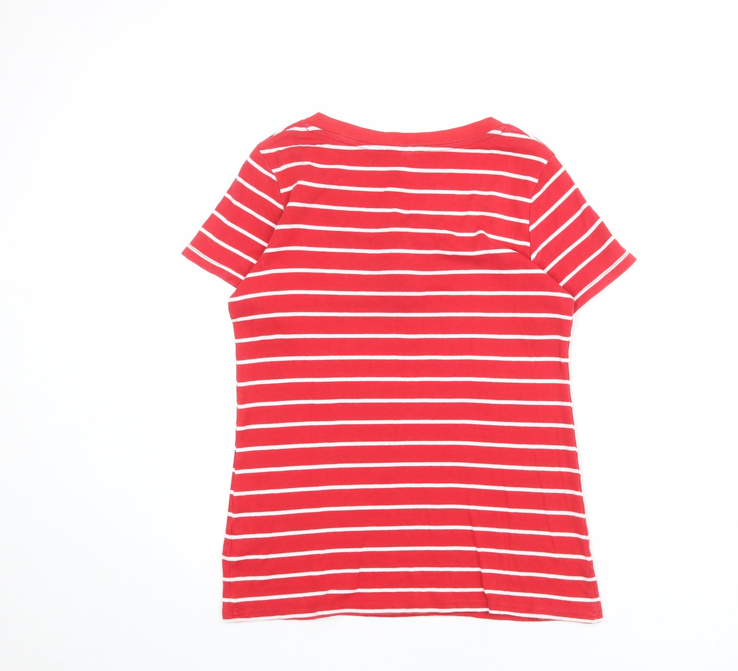 Marks and Spencer Womens Red Striped 100% Cotton Basic T-Shirt Size 14 Henley