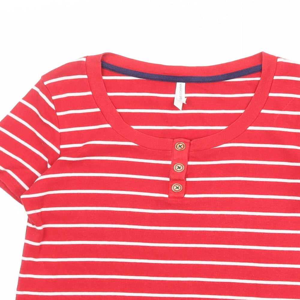 Marks and Spencer Womens Red Striped 100% Cotton Basic T-Shirt Size 14 Henley