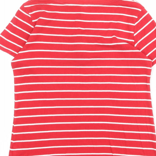 Marks and Spencer Womens Red Striped 100% Cotton Basic T-Shirt Size 14 Henley