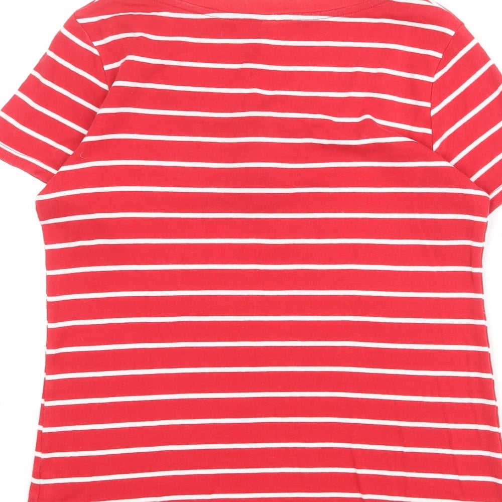 Marks and Spencer Womens Red Striped 100% Cotton Basic T-Shirt Size 14 Henley