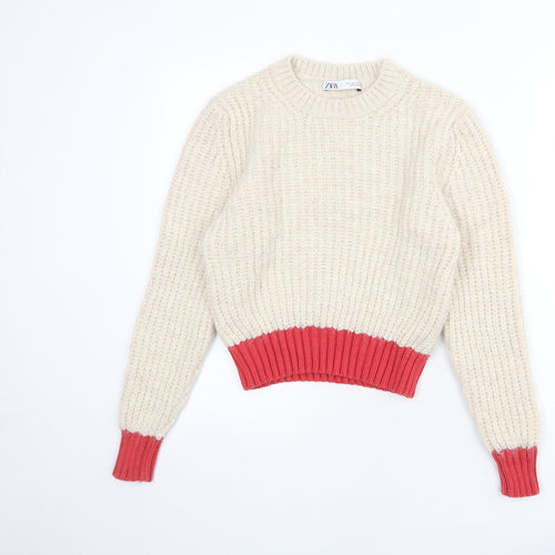 Zara Womens Beige Round Neck Acrylic Pullover Jumper Size S