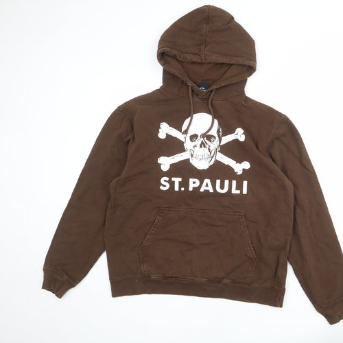 St.Pauli Mens Brown Cotton Pullover Hoodie Size L - Skull & Cross Bones