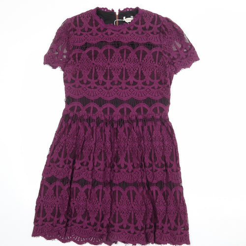 Oasis Womens Purple Geometric Cotton Shift Size 10 Round Neck Zip