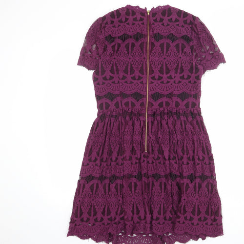 Oasis Womens Purple Geometric Cotton Shift Size 10 Round Neck Zip