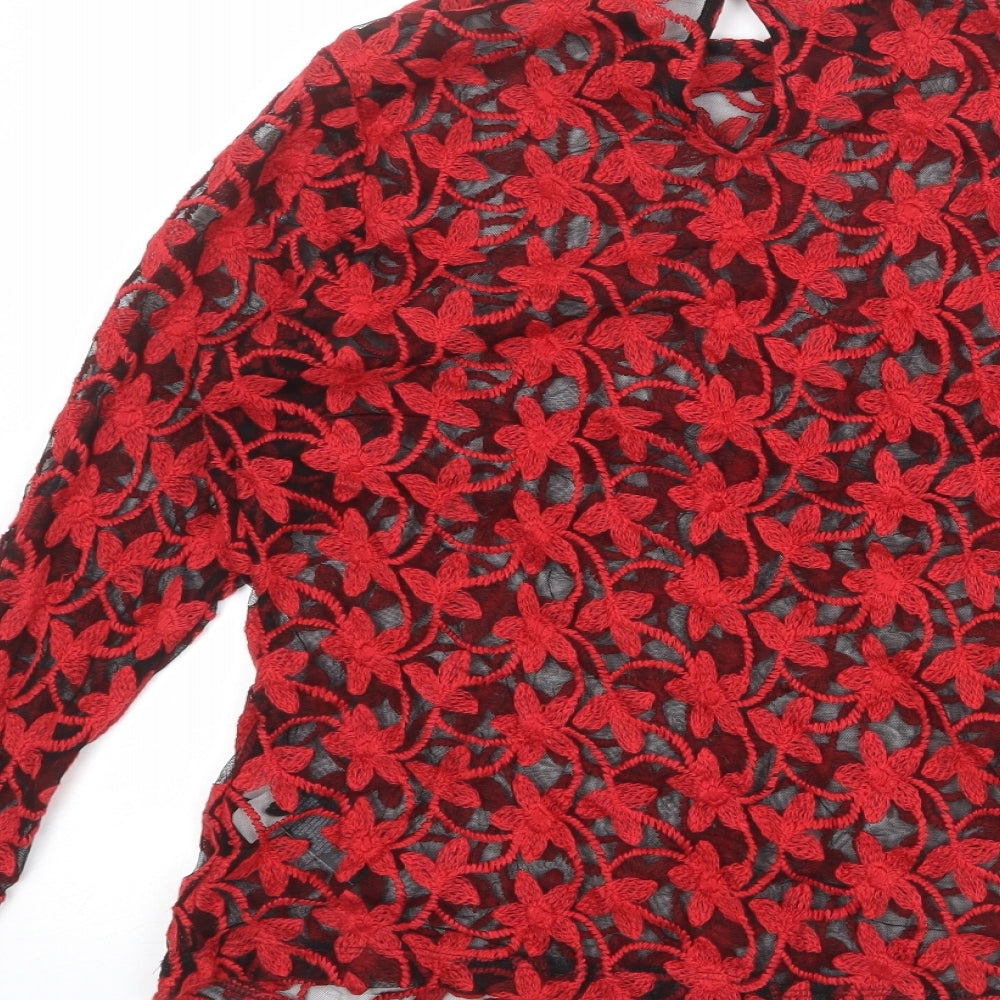 Limited Edition Womens Red Geometric Cotton Basic Blouse Size 12 Crew Neck