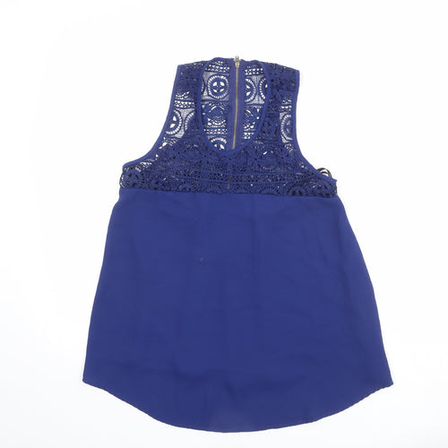 Sweet Journey Womens Blue Polyester Basic Blouse Size S Scoop Neck - Crocheted Lace Detail