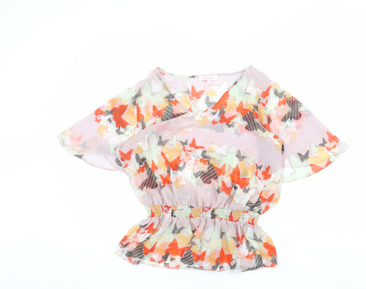 Front view of Butterfly women’s multicoloured geometric polyester basic blouse, size UK 10, v-neck - peplum butterfly print