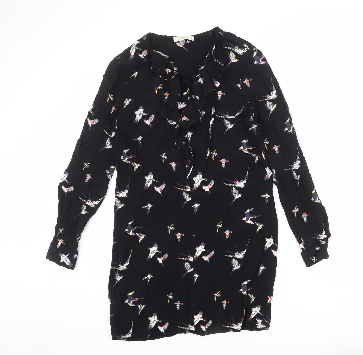 Oasis Womens Black Geometric Viscose A-Line Size 8 V-Neck Lace Up - Swallows