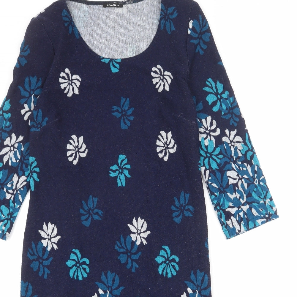 Roman Womens Blue Floral Polyester Shift Size 10 Round Neck Pullover
