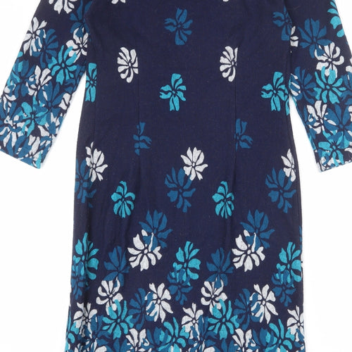 Roman Womens Blue Floral Polyester Shift Size 10 Round Neck Pullover