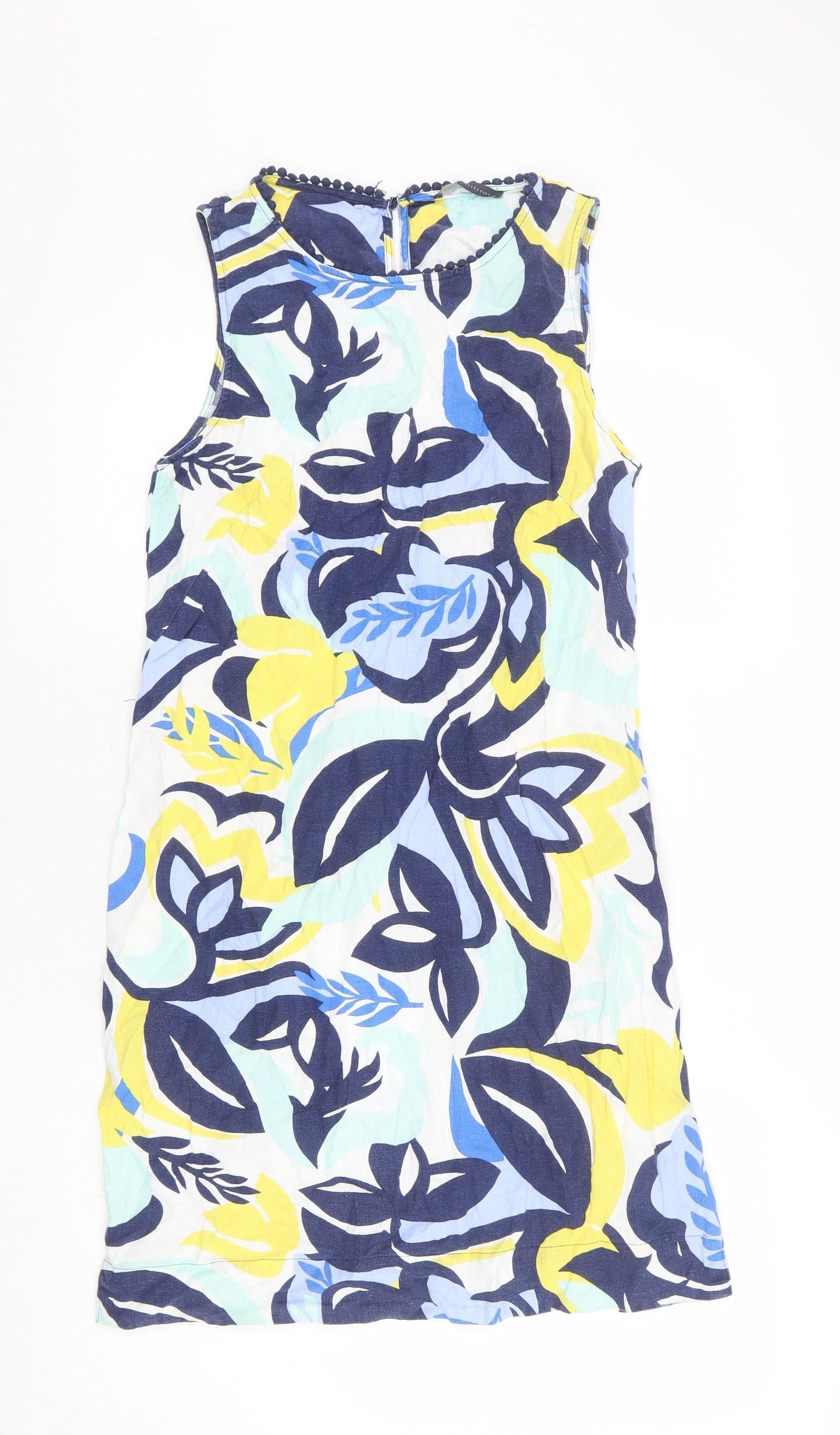Marks and Spencer Womens Multicoloured Geometric Linen Tank Dress Size 10 Round Neck Button