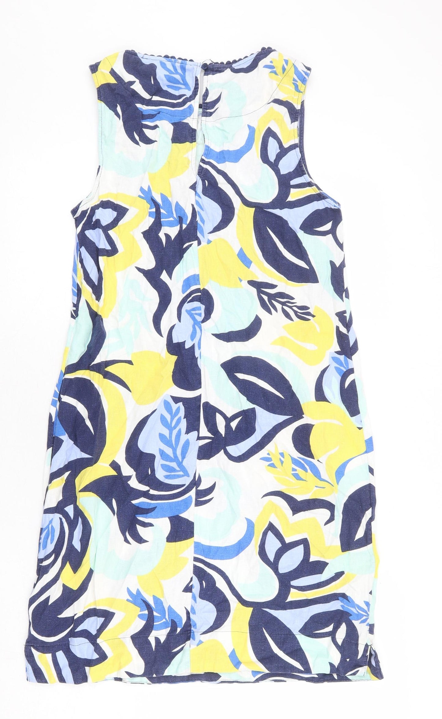 Marks and Spencer Womens Multicoloured Geometric Linen Tank Dress Size 10 Round Neck Button