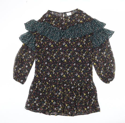Front view of VILA women’s multicoloured floral polyester a-line, size S, round neck button