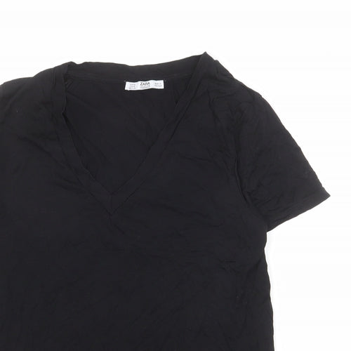 Zara Womens Black Polyester Basic T-Shirt Size M Round Neck